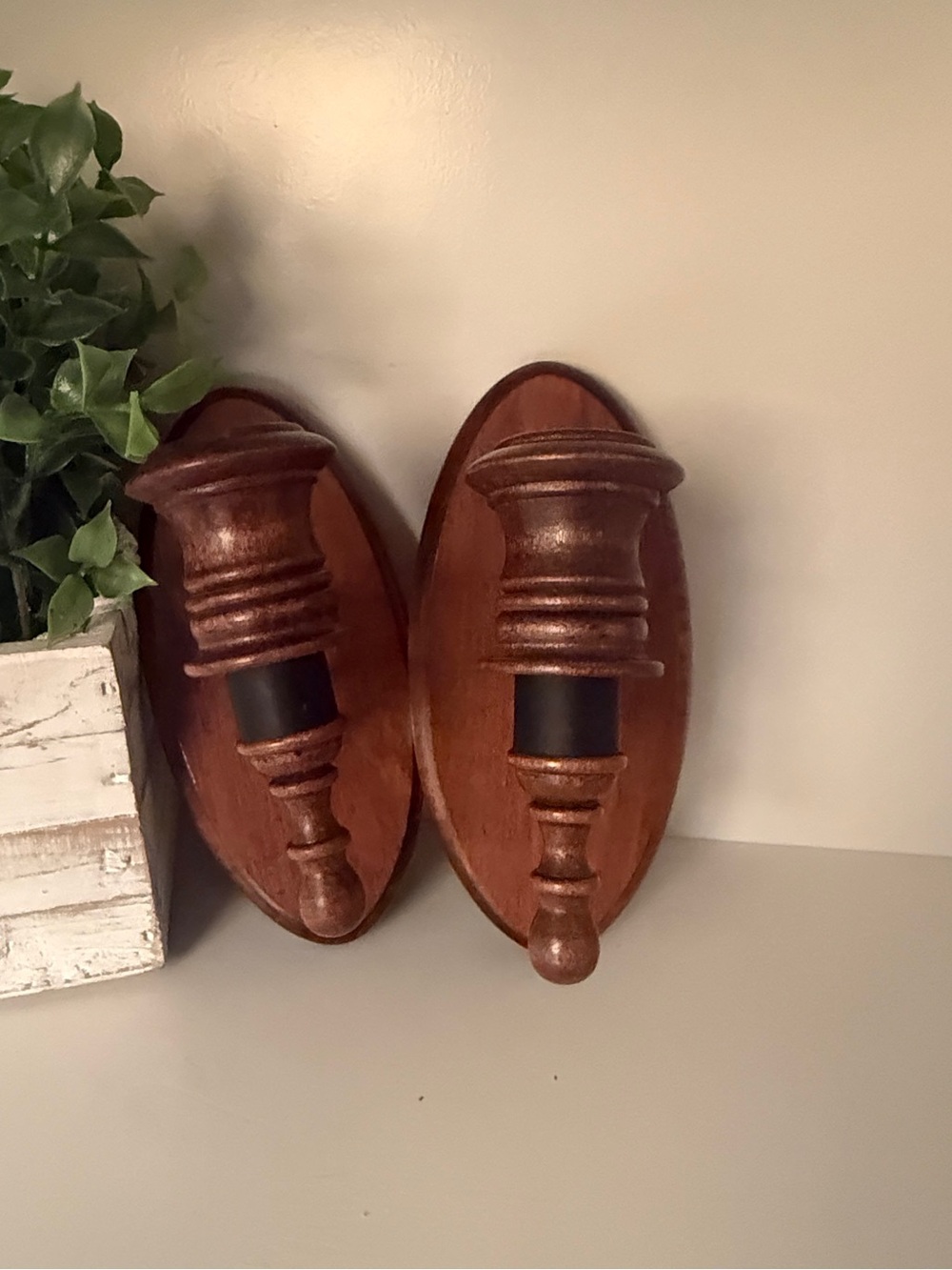 Vintage Wood & Wrought Iron Wall Candle Sconces Pair Colonial Cottage Decor
